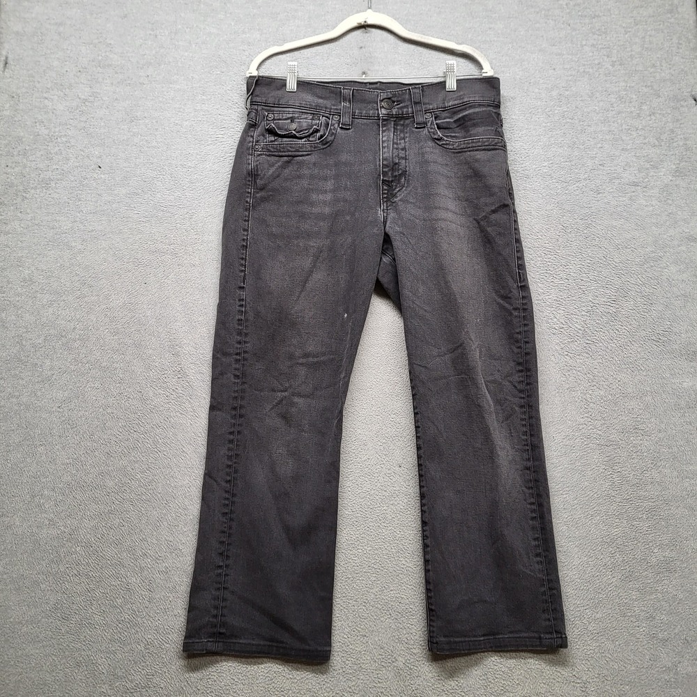 True Religion Men Jeans 33 Gray Denim Ricky Relaxed Straight Logo 25" Hemmed